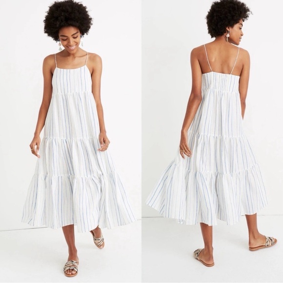 Madewell Cami Tier Midi Linen Dress in Stripe Euro Summer Capsule Women’s 14 - Picture 1 of 9
